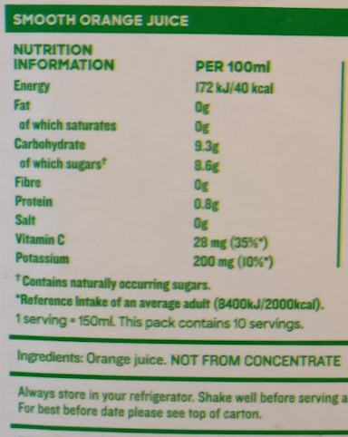 There are <span class="blank">______</span> kcal in a 100 ml of this orange juice.