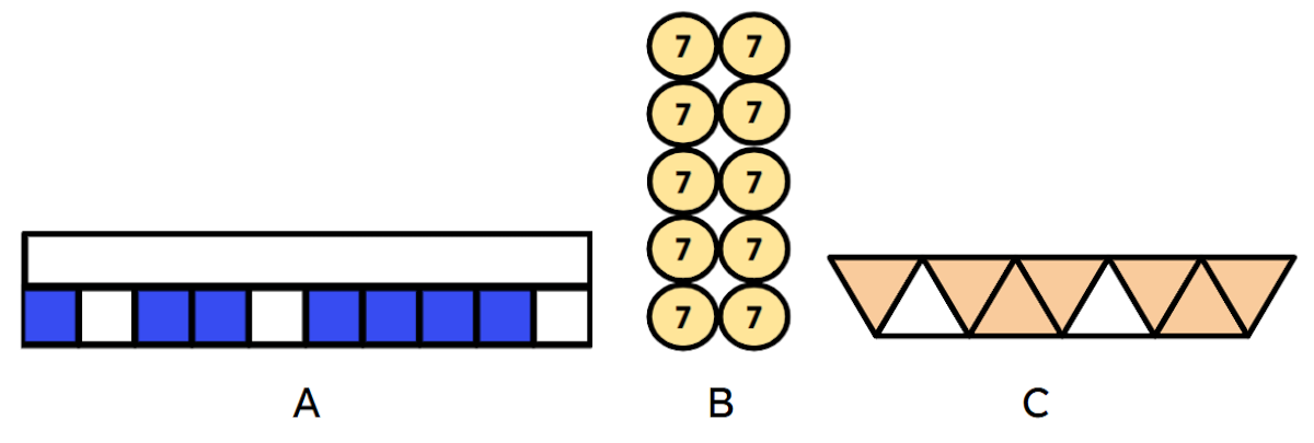 Which picture represents seven tenths? Write the letter.