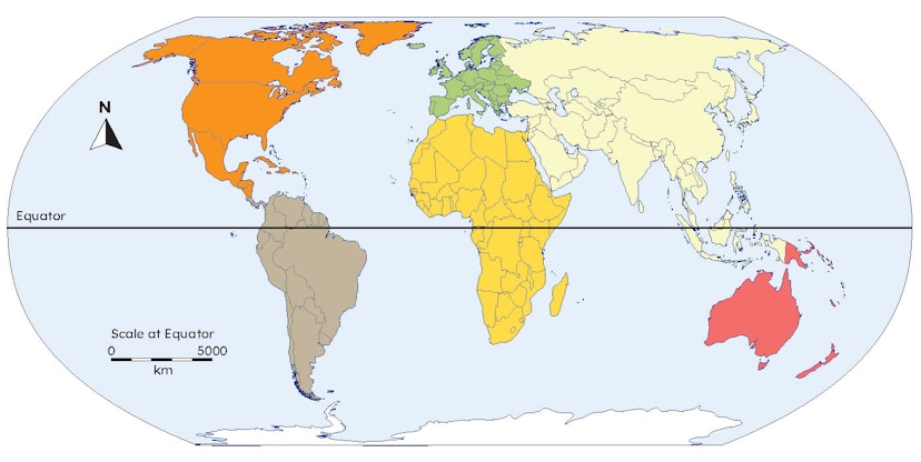 Which continent is yellow?