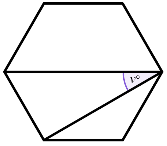 This hexagon is regular. Find the size of angle <Math>v</Math>, in degrees.