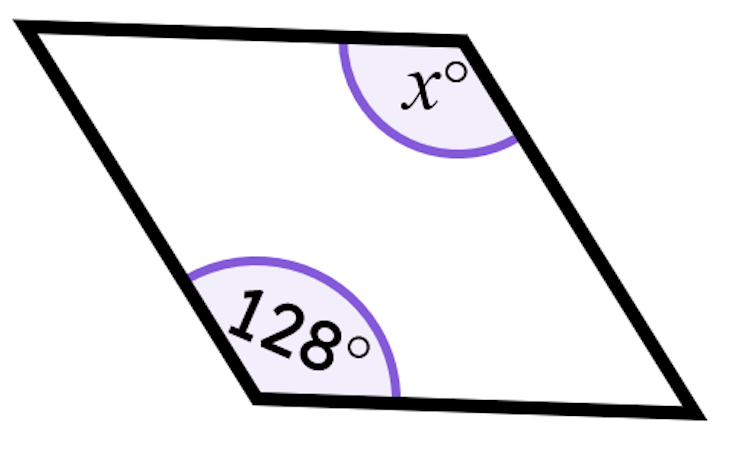 This quadrilateral is a rhombus. What is the size of angle <Math>x</Math>?