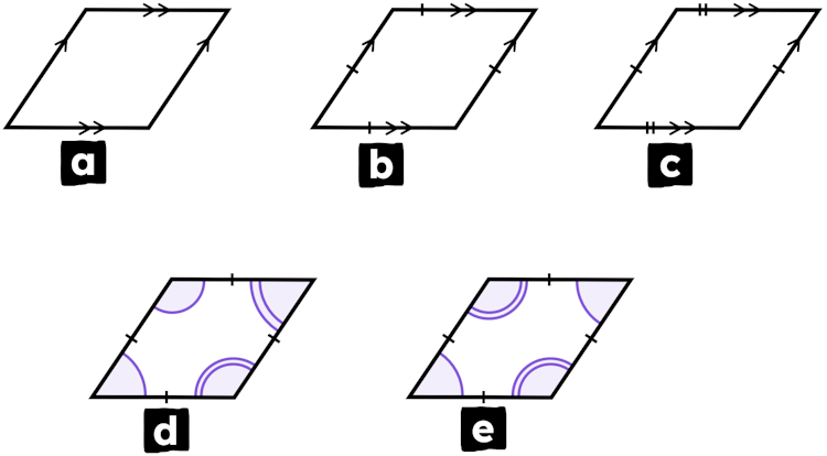 Which of these quadrilaterals have the correct feathers, hash marks, and/or angle markers that confirm the shape is a rhombus?