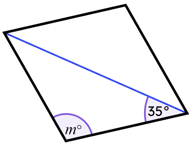 This quadrilateral is a rhombus with one of its diagonals drawn on. What is the size of angle <Math>m</Math>?