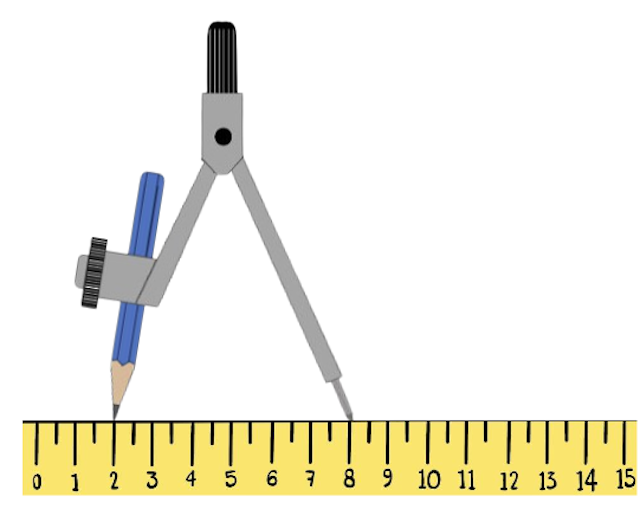 Izzy tries to draw a circle with a pair of compasses without moving the ruler. The pencil starts at the 2 cm mark on the ruler. Half way around, the pencil touches the <span class="blank">______</span> cm mark on the ruler. 