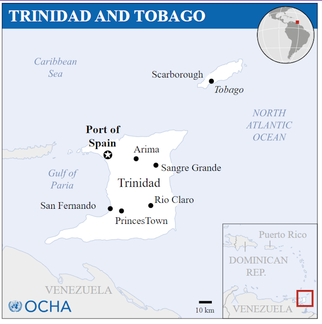 Look at the map. Which of the following places are located in Trinidad?