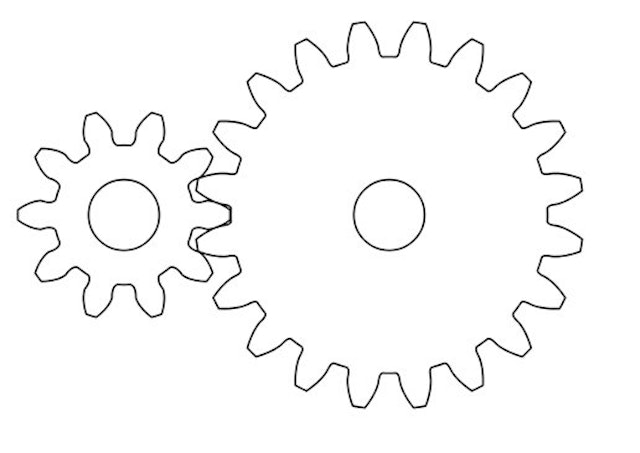 If the smaller gear is turned, how will this affect the speed and force of the larger gear?