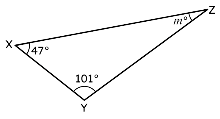 In triangle XYZ, angle <Math>m</Math> is <span class="blank">______</span>°.