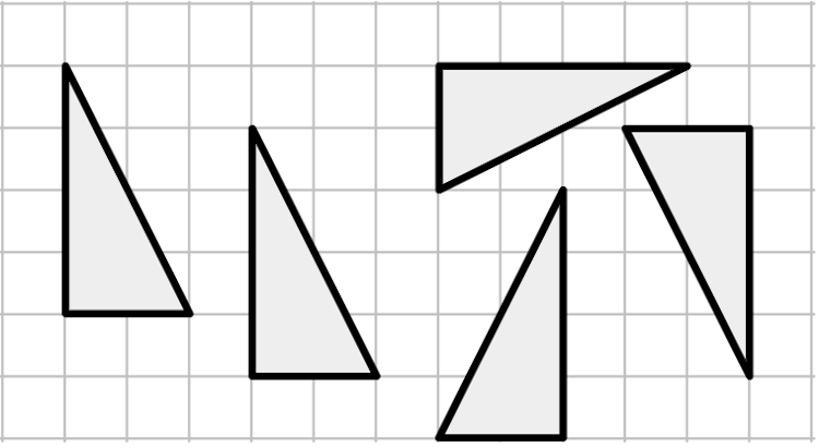 All of these triangles are translations, rotations or reflections of each other. If they were cut out you could fit them exactly on of top of each other. You can say the triangles are <span class="blank">______</span>.