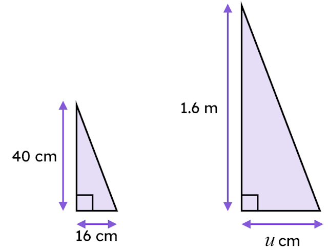 These two triangles are similar to each other. The side marked <Math>u</Math> cm is <span class="blank">______</span> cm long.