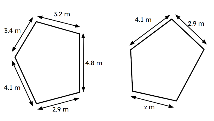 The image shows two congruent pentagons. What is the value of <Math>x</Math>?