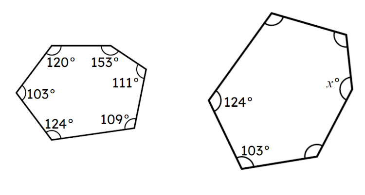 The image shows two similar hexagons. The size of the angle <Math>x°</Math> is <span class="blank">______</span>°.