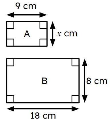 These two rectangles are similar. This means that the side marked <Math>x</Math> is <span class="blank">______</span> cm.