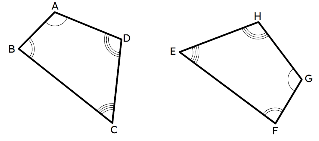 Quadrilaterals ABCD and HEFG are congruent. Match each side or angle in quadrilateral ABCD with a corresponding edge or angle in quadrilateral HEFG. 