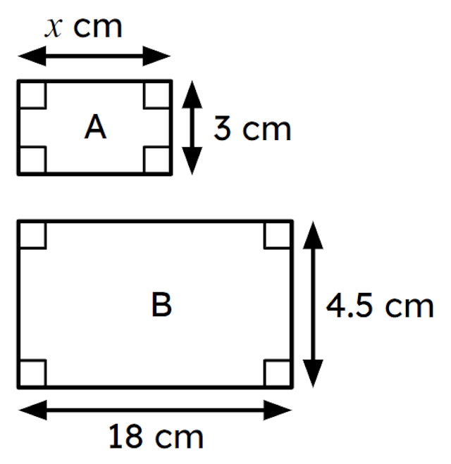 Rectangle A and rectangle B are similar. The length of the side marked <Math>x</Math> is <span class="blank">______</span>cm.