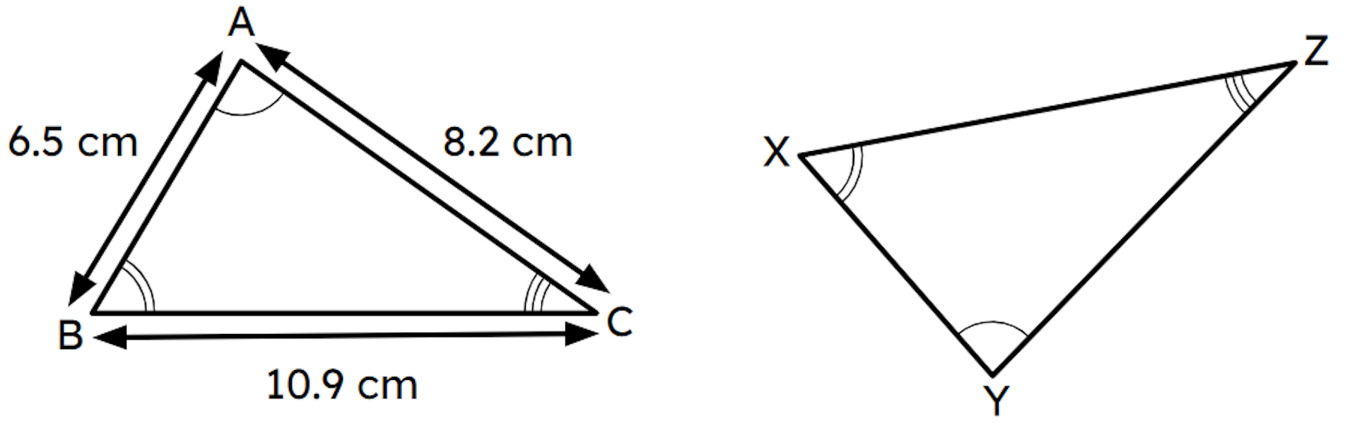 Triangle ABC and triangle XYZ are congruent. Which edge is 6.5 cm on triangle XYZ?