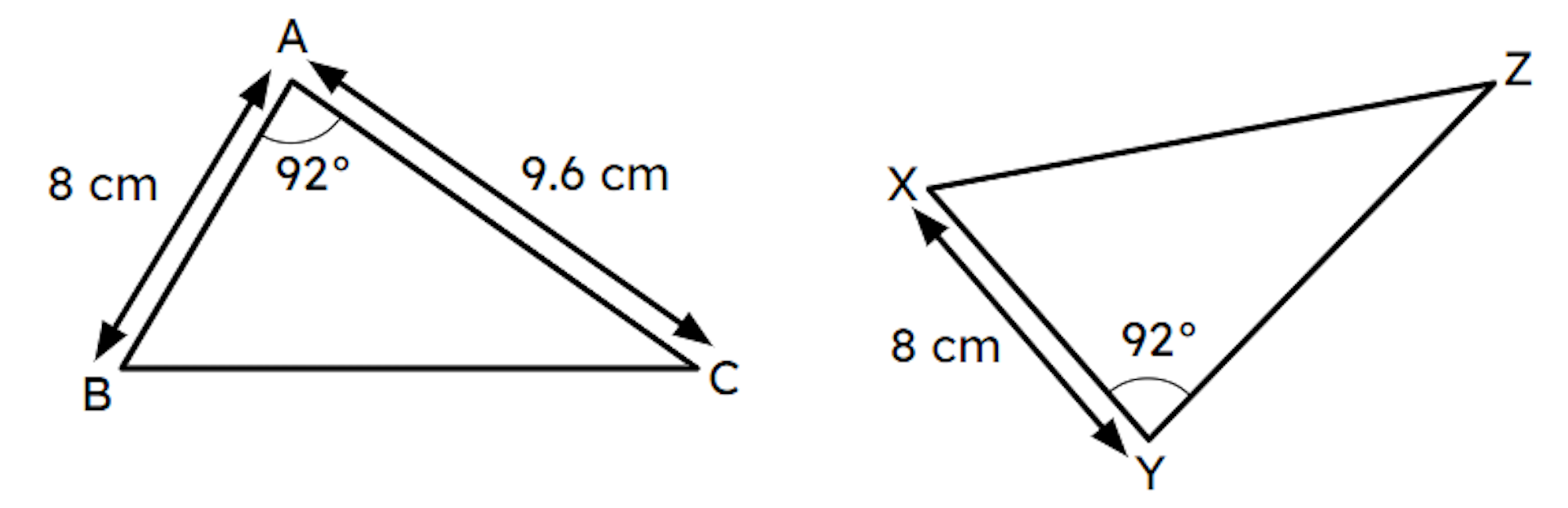 Triangle ABC and triangle XYZ are congruent, therefore <span class="blank">______</span> is 9.6 cm.