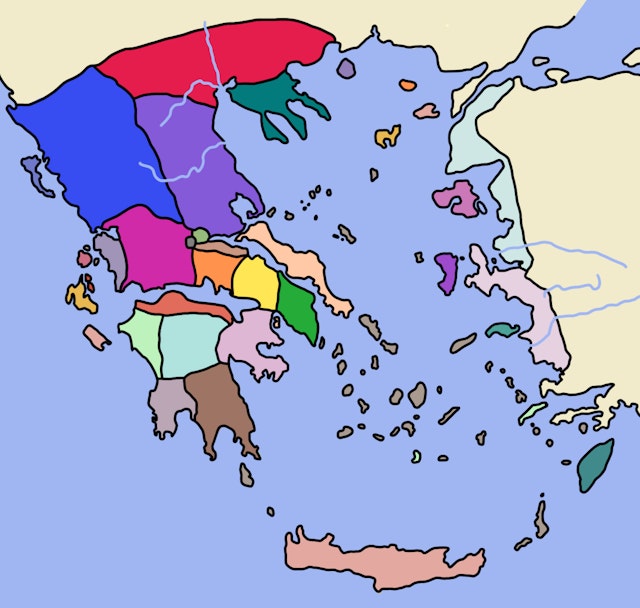 Look at the map of Ancient Greece. What were the separate areas Ancient Greece was divided into called?