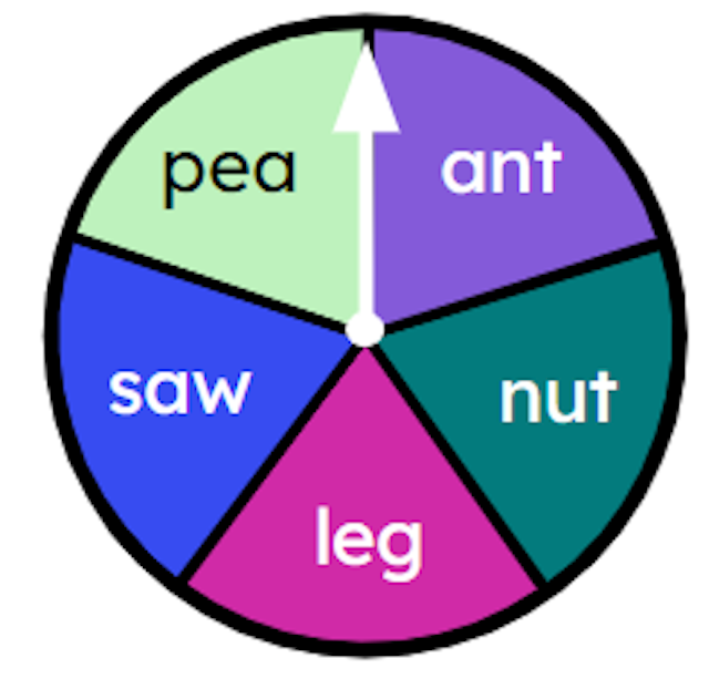 The possible outcomes from this fair spinner are {leg, pea, ant, nut, <span class="blank">______</span>}.