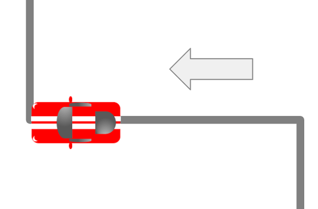 The car is facing in this direction. Which turn will it make? A <span class="blank">______</span> turn.