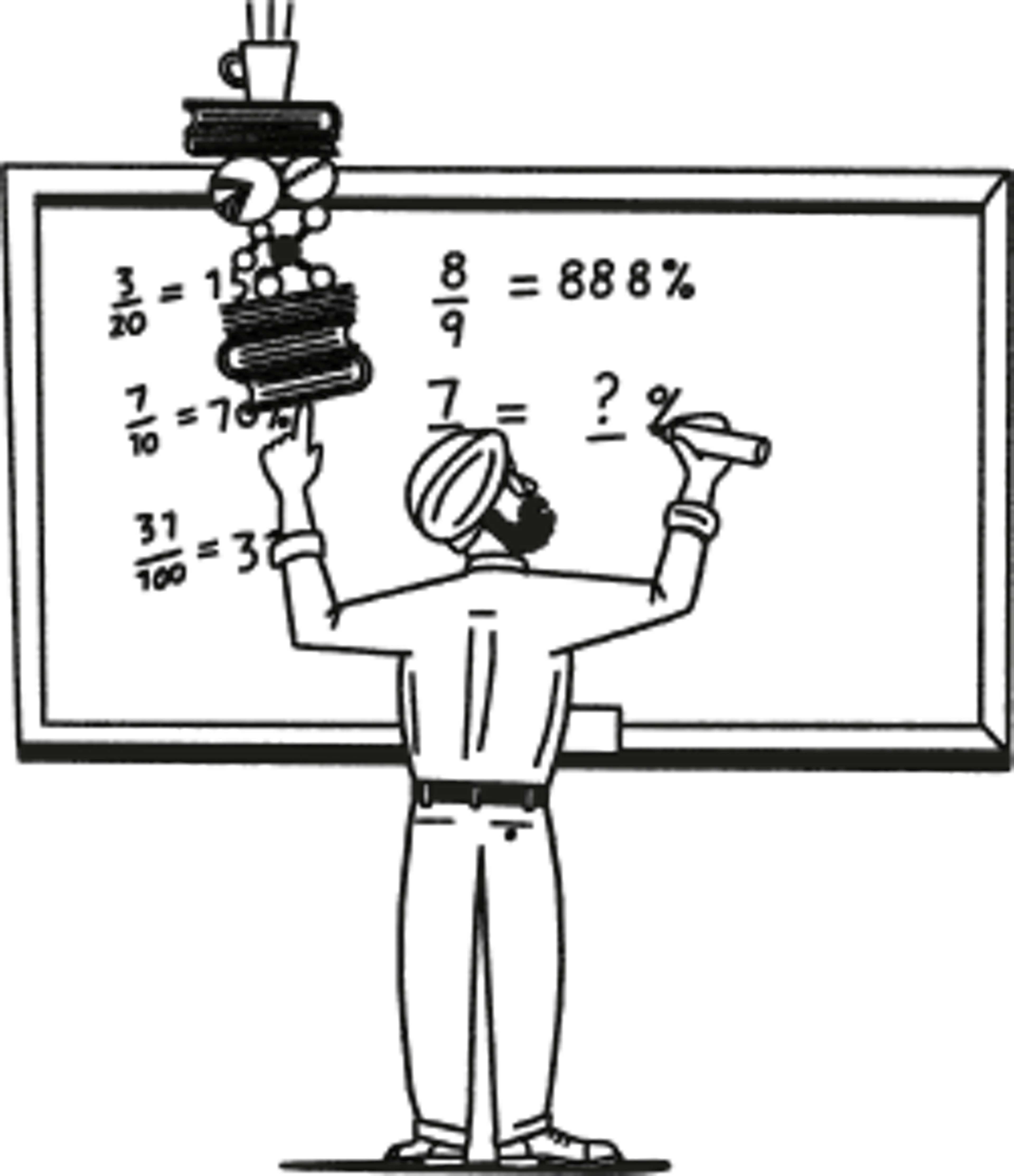 a man standing in front of a blackboard with a bunch of objects on top of his head and hands in the air